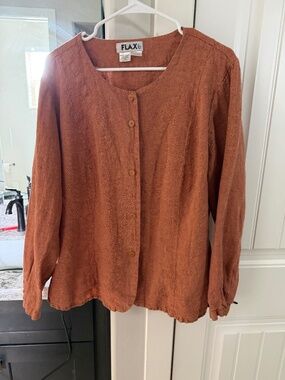 FLAX by Jeanne Engelhart Rust Linen Button Front Top Long Sleeve